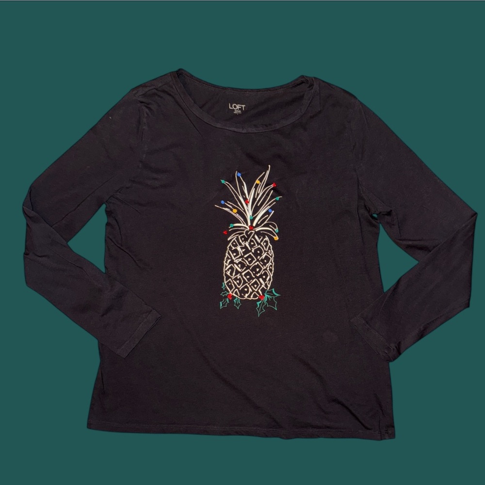 Loft Outlet Pineapple w/Beads Long Sleeve T-shirt Charcoal Gray L‎ Large